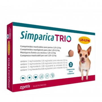 Симпарика Трио 1,25-2,5 кг от блох, клещей и глистов для собак  Zoetis